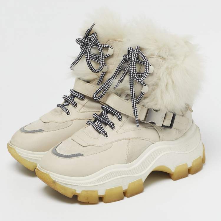 Pre Owned Prada Grey Leather and Shearling Hiking High Top Sneakers Size 38.5