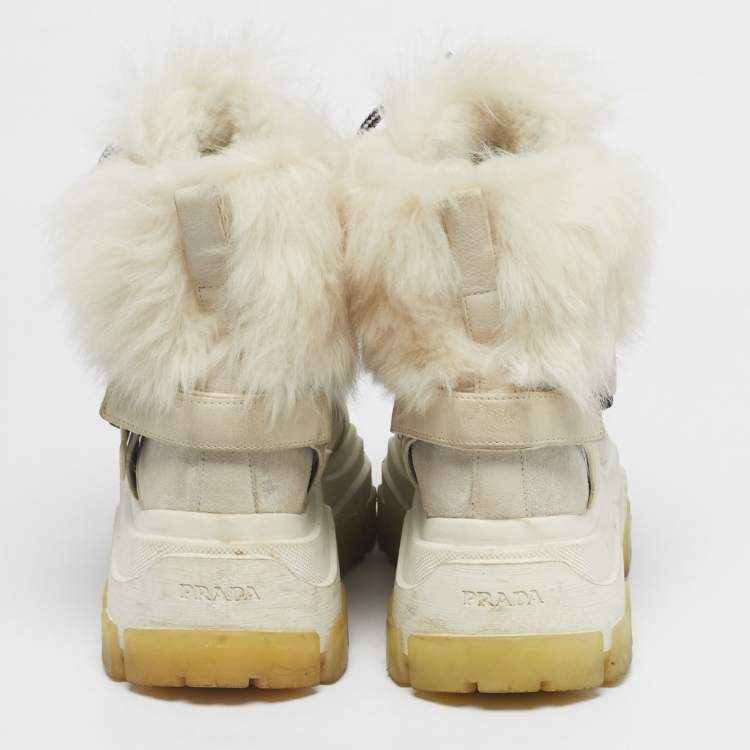 Pre Owned Prada Grey Leather and Shearling Hiking High Top Sneakers Size 38.5