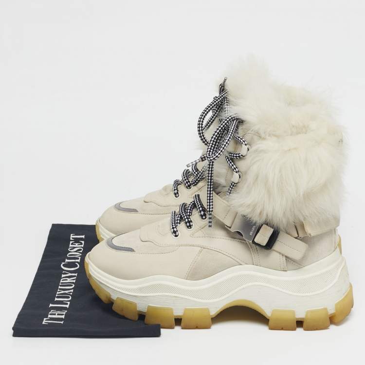 Pre Owned Prada Grey Leather and Shearling Hiking High Top Sneakers Size 38.5