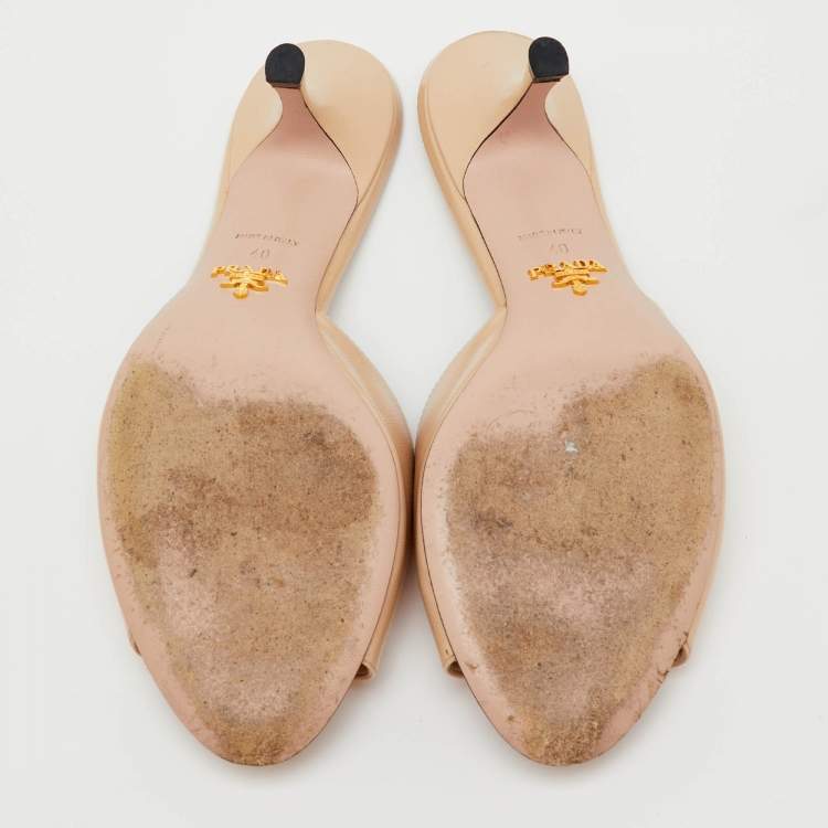 Pre Owned Prada Beige Saffiano Lux Leather Open Toe Bow Slide Sandals Size 40