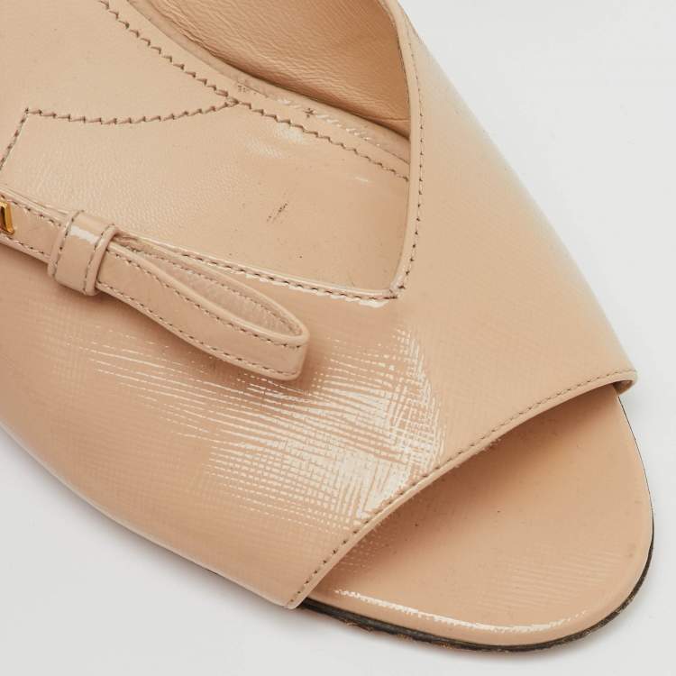 Pre Owned Prada Beige Saffiano Lux Leather Open Toe Bow Slide Sandals Size 40