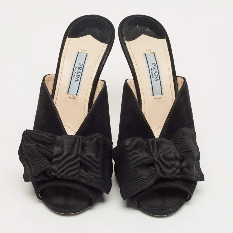 Pre Owned Prada Black Suede Grosgrain Peep Toe Mules  Size 36