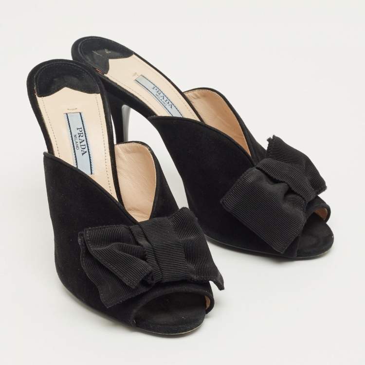 Pre Owned Prada Black Suede Grosgrain Peep Toe Mules  Size 36