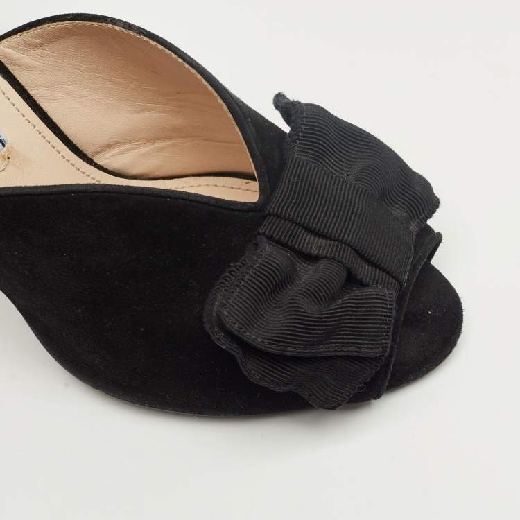 Pre Owned Prada Black Suede Grosgrain Peep Toe Mules  Size 36