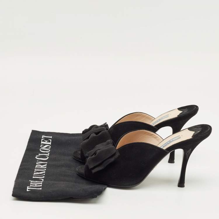 Pre Owned Prada Black Suede Grosgrain Peep Toe Mules  Size 36
