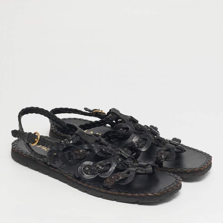 Pre Owned Prada Black Woven Leather Slingback Sandals Size 40