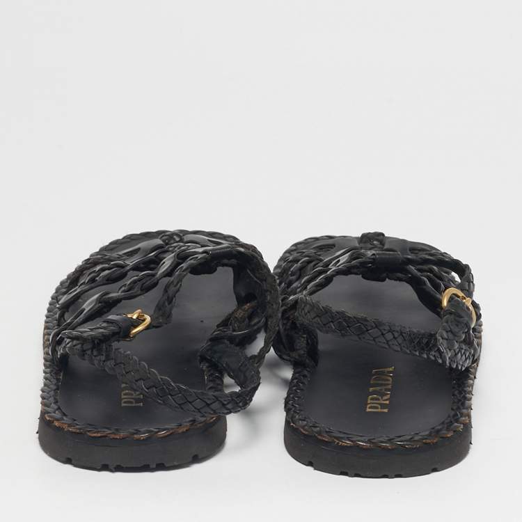 Pre Owned Prada Black Woven Leather Slingback Sandals Size 40
