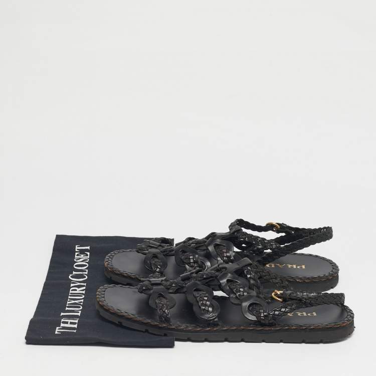 Pre Owned Prada Black Woven Leather Slingback Sandals Size 40