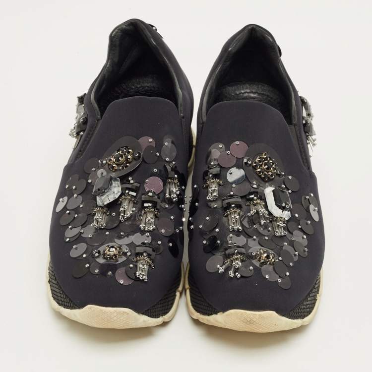 مملوكة مسبقًا Prada Navy Blue Neoprene Crystal Embellish Slip On Sneakers Size 37