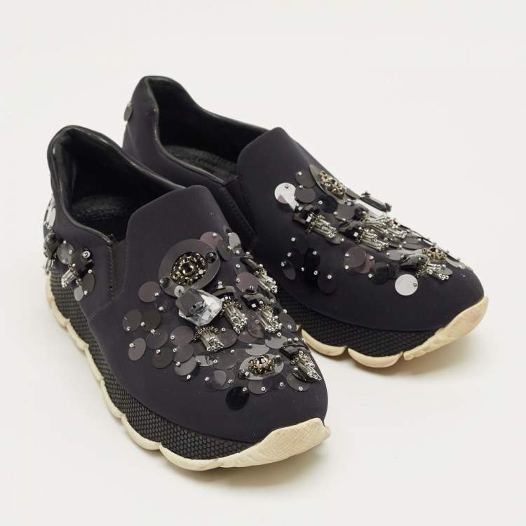 مملوكة مسبقًا Prada Navy Blue Neoprene Crystal Embellish Slip On Sneakers Size 37