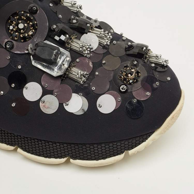 مملوكة مسبقًا Prada Navy Blue Neoprene Crystal Embellish Slip On Sneakers Size 37