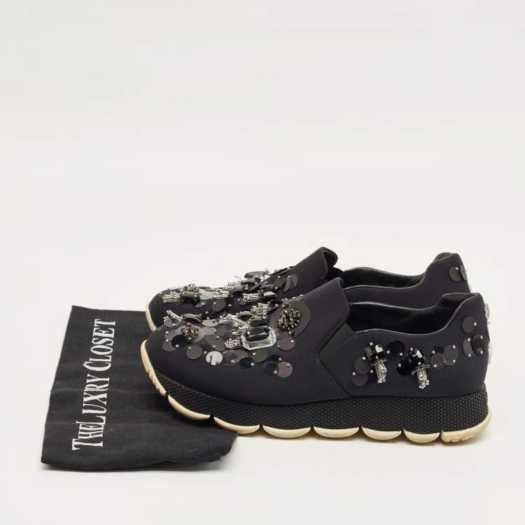 مملوكة مسبقًا Prada Navy Blue Neoprene Crystal Embellish Slip On Sneakers Size 37