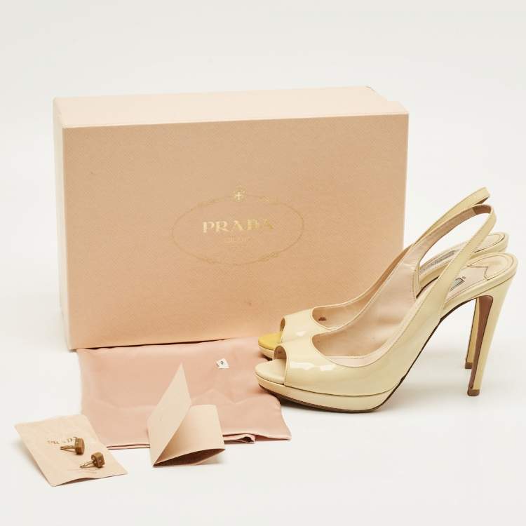 Pre Owned Prada Cream Patent Leather Peep Toe Slingback Pumps Size 38.5
