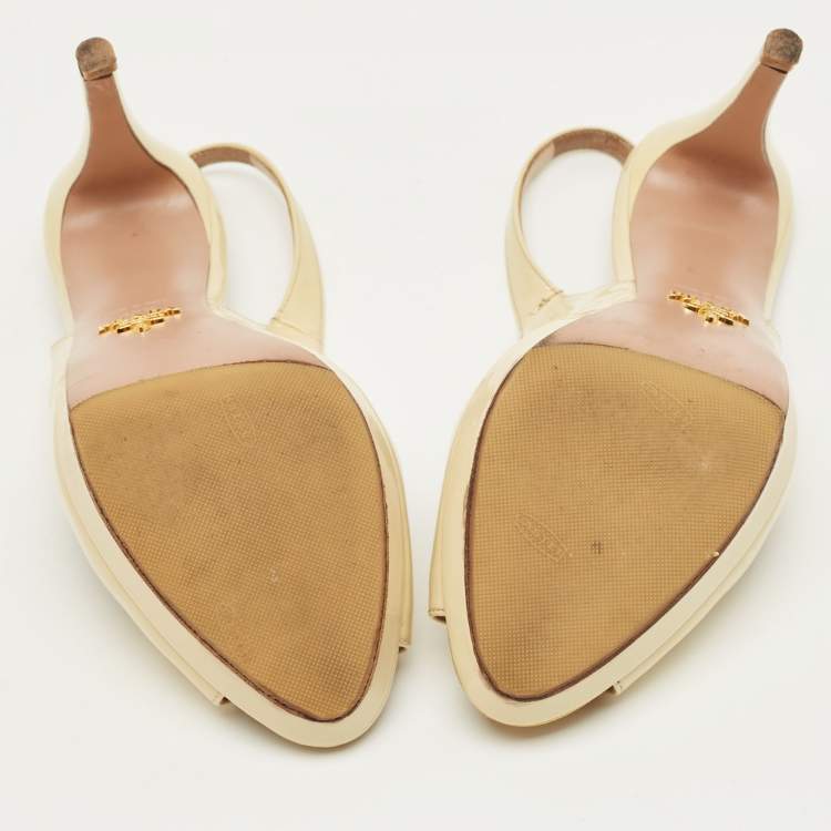 Pre Owned Prada Cream Patent Leather Peep Toe Slingback Pumps Size 38.5