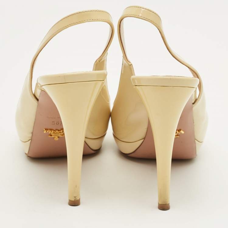 Pre Owned Prada Cream Patent Leather Peep Toe Slingback Pumps Size 38.5