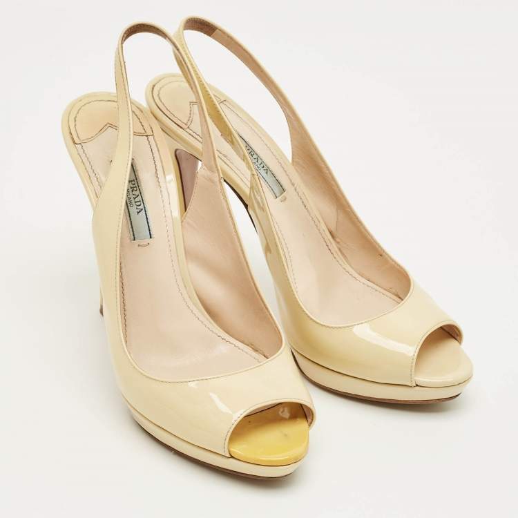 Pre Owned Prada Cream Patent Leather Peep Toe Slingback Pumps Size 38.5