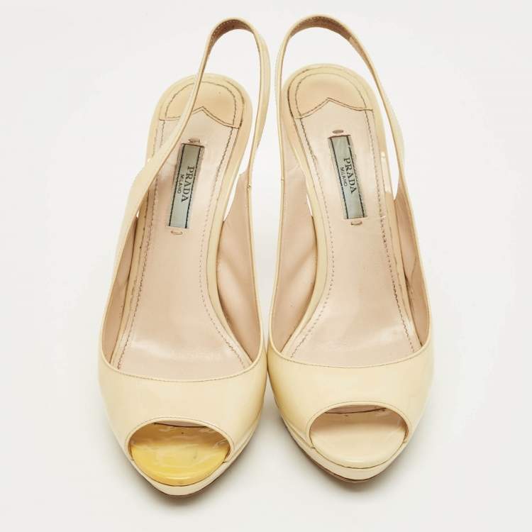 Pre Owned Prada Cream Patent Leather Peep Toe Slingback Pumps Size 38.5