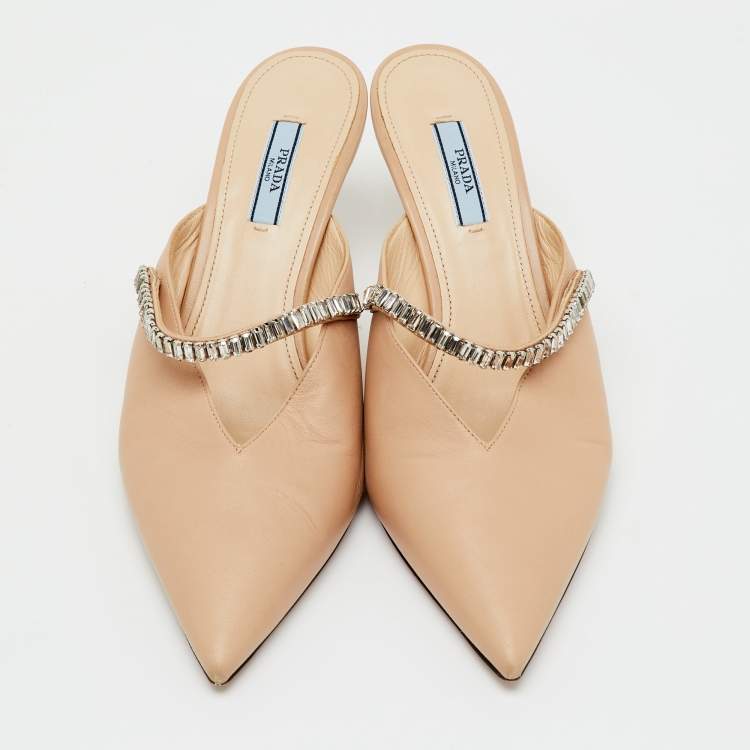 Pre Owned Prada Beige Leather Pointed Toe Crystal Embellished Mules Size 40