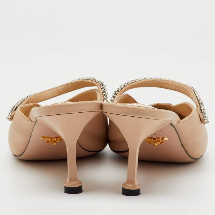 Pre Owned Prada Beige Leather Pointed Toe Crystal Embellished Mules Size 40