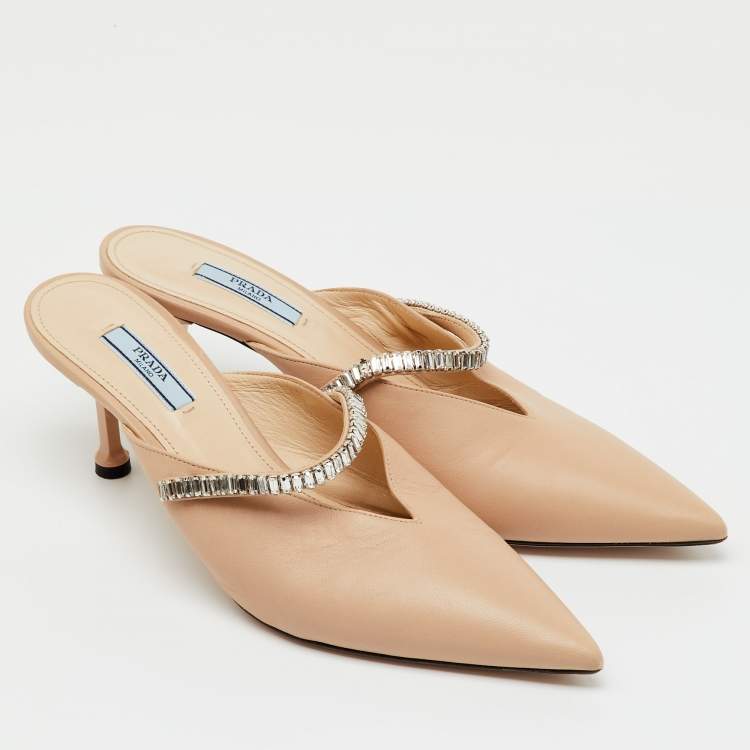Pre Owned Prada Beige Leather Pointed Toe Crystal Embellished Mules Size 40