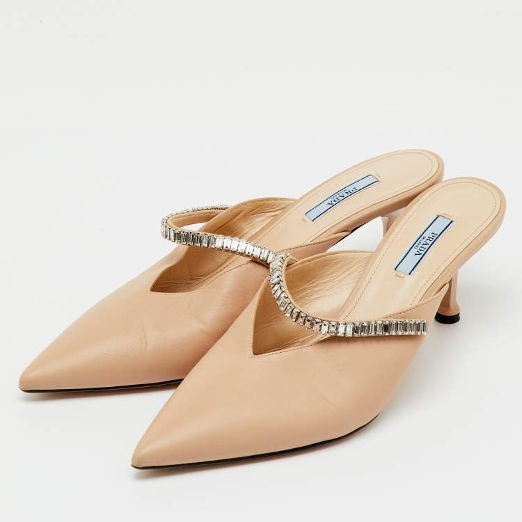 Pre Owned Prada Beige Leather Pointed Toe Crystal Embellished Mules Size 40