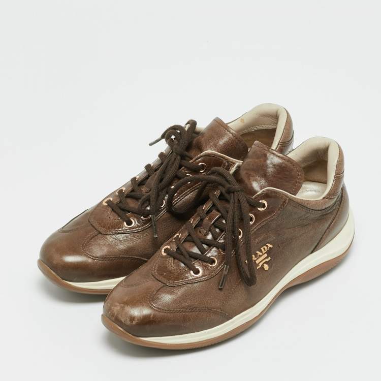 Pre Owned Prada Dark Brown Leather Lace Up Sneakers Size 37
