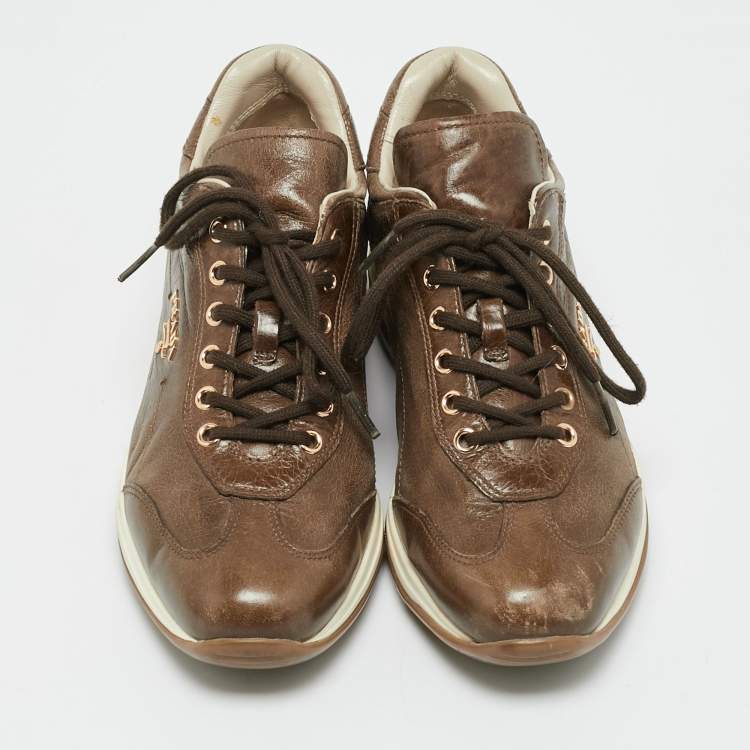 Pre Owned Prada Dark Brown Leather Lace Up Sneakers Size 37