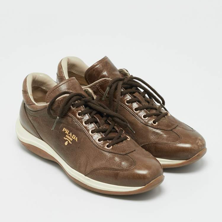 Pre Owned Prada Dark Brown Leather Lace Up Sneakers Size 37