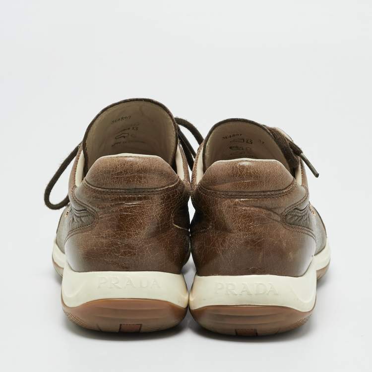 Pre Owned Prada Dark Brown Leather Lace Up Sneakers Size 37