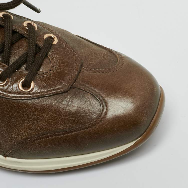 Pre Owned Prada Dark Brown Leather Lace Up Sneakers Size 37