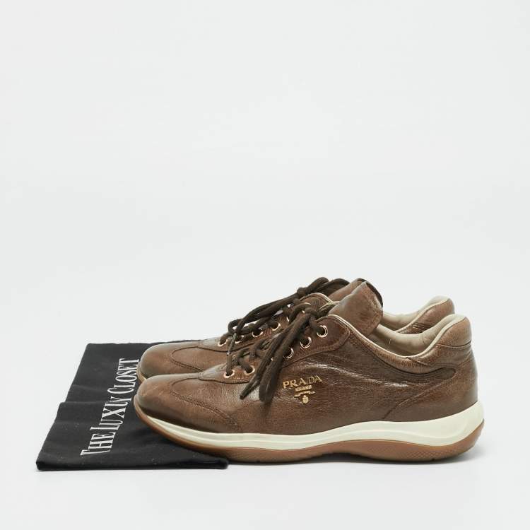 Pre Owned Prada Dark Brown Leather Lace Up Sneakers Size 37