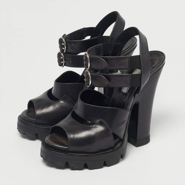 Pre Owned Prada Black Leather Ankle Strap Block Heel Sandals Size 38.5