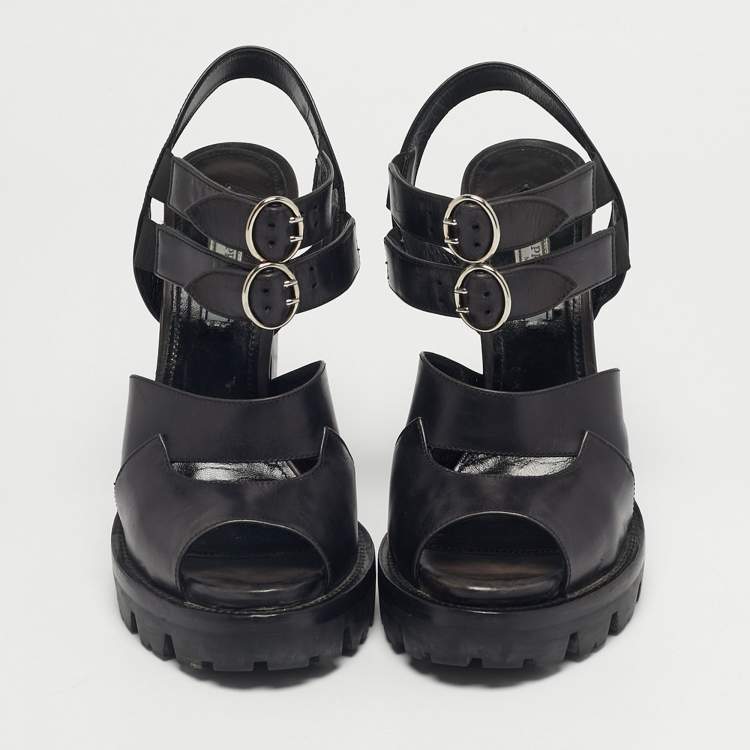 Pre Owned Prada Black Leather Ankle Strap Block Heel Sandals Size 38.5