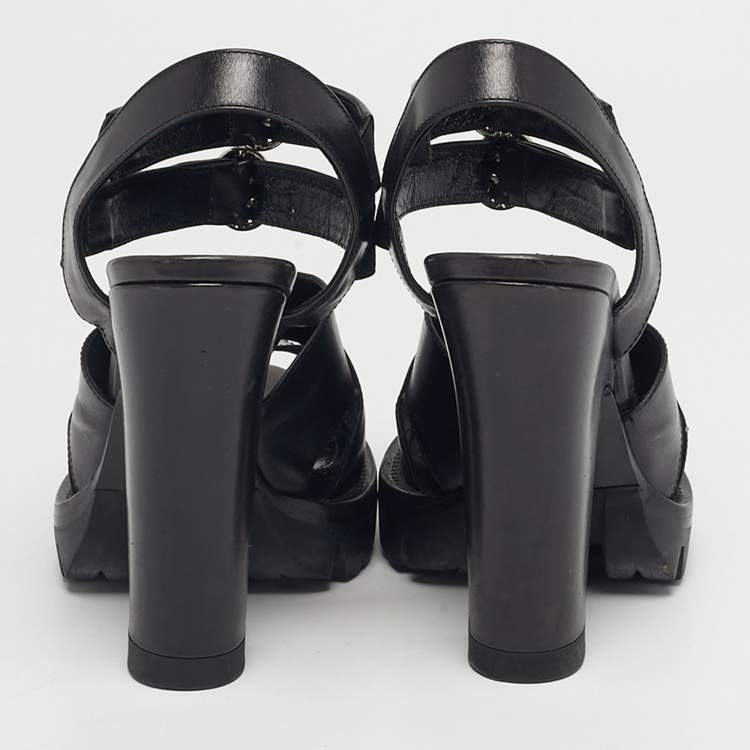 Pre Owned Prada Black Leather Ankle Strap Block Heel Sandals Size 38.5