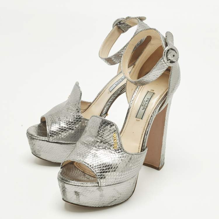 Pre Owned Prada Metallic Silver Python Embossed Leather Ankle Strap Platform Sandals Size 38.5