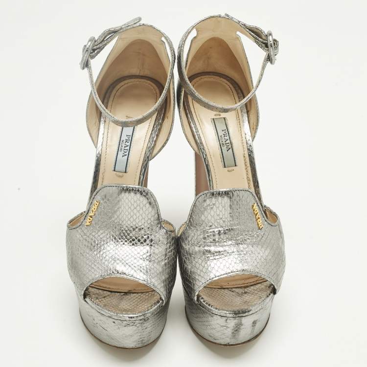 Pre Owned Prada Metallic Silver Python Embossed Leather Ankle Strap Platform Sandals Size 38.5