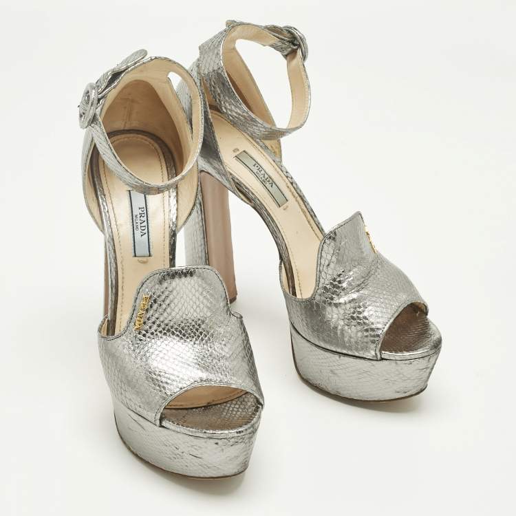 Pre Owned Prada Metallic Silver Python Embossed Leather Ankle Strap Platform Sandals Size 38.5