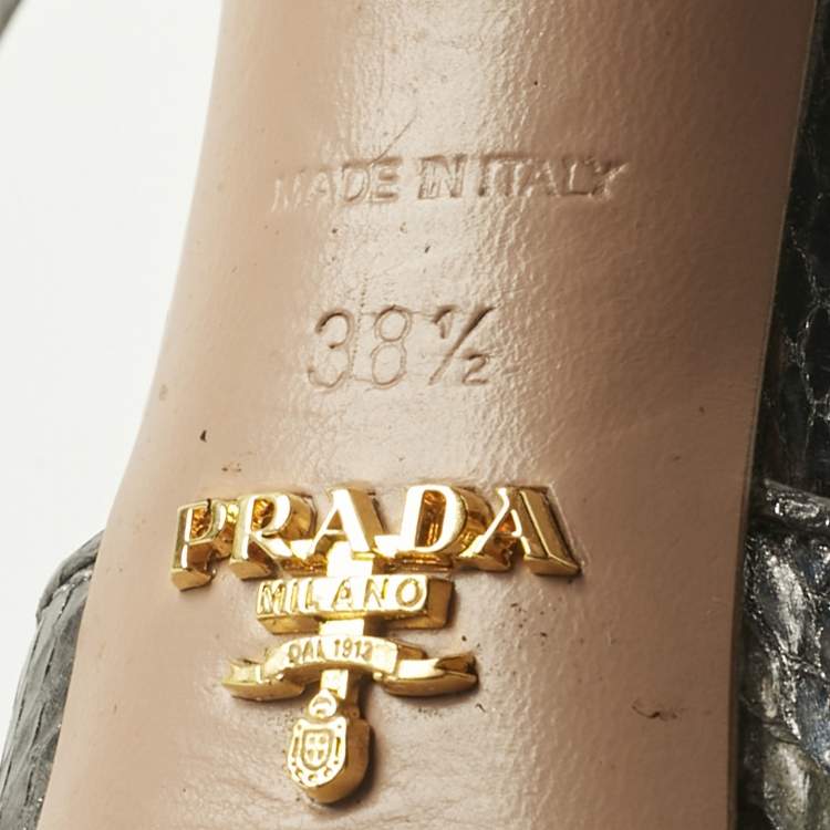 Pre Owned Prada Metallic Silver Python Embossed Leather Ankle Strap Platform Sandals Size 38.5