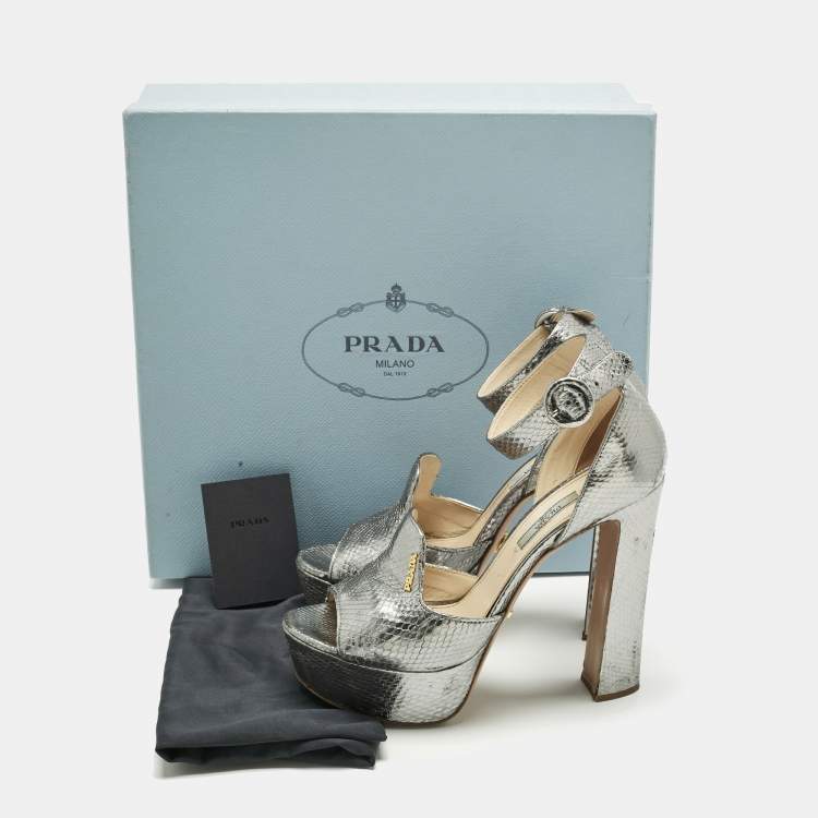 Pre Owned Prada Metallic Silver Python Embossed Leather Ankle Strap Platform Sandals Size 38.5