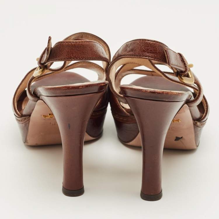 Pre Owned Prada Brown Leather Ankle Strap Sandals Size 36.5