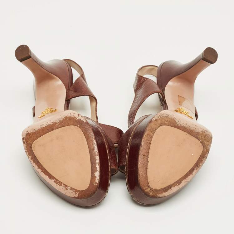 Pre Owned Prada Brown Leather Ankle Strap Sandals Size 36.5