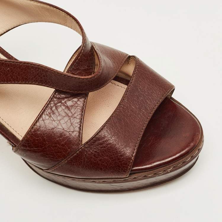 Pre Owned Prada Brown Leather Ankle Strap Sandals Size 36.5