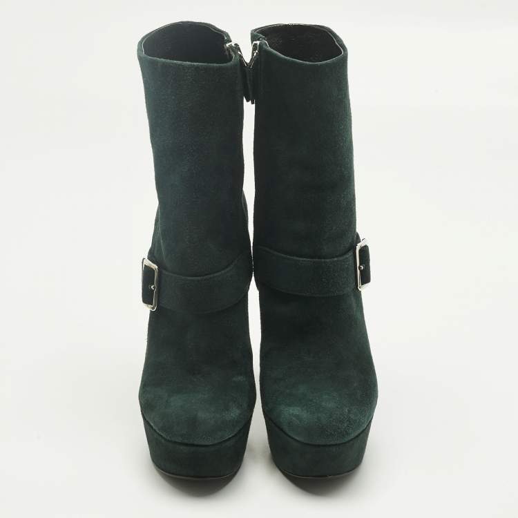 Pre Owned Prada Green Suede Platform Ankle Length Boots Size 37