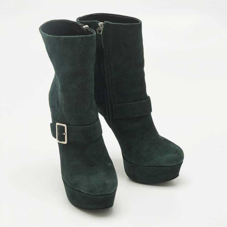 Pre Owned Prada Green Suede Platform Ankle Length Boots Size 37