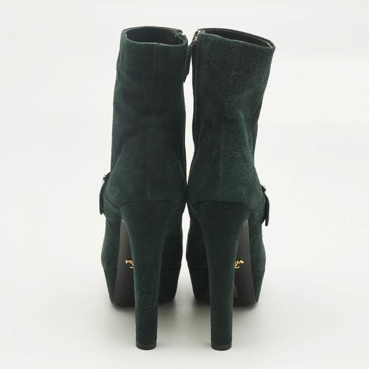 Pre Owned Prada Green Suede Platform Ankle Length Boots Size 37