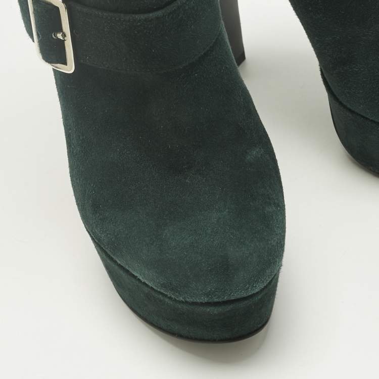 Pre Owned Prada Green Suede Platform Ankle Length Boots Size 37
