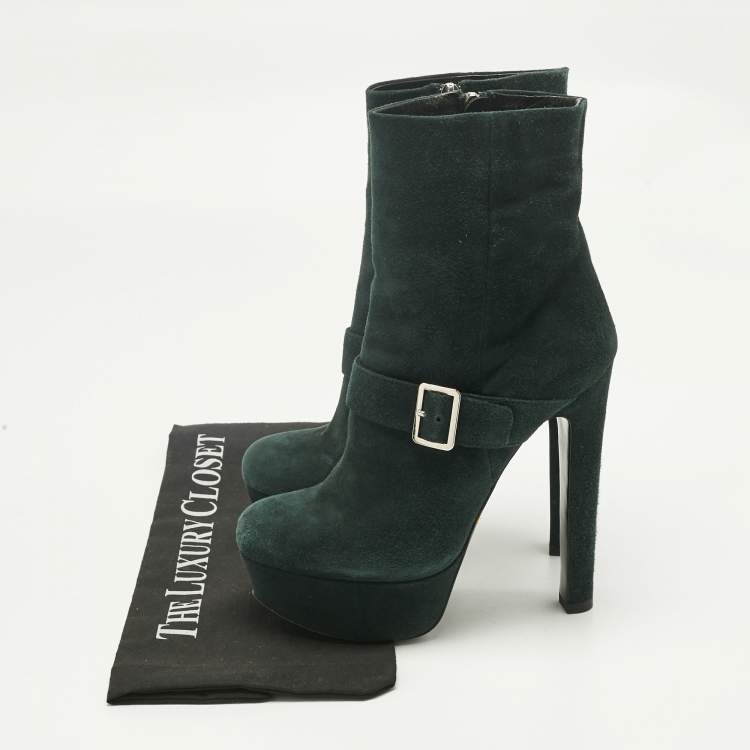 Pre Owned Prada Green Suede Platform Ankle Length Boots Size 37