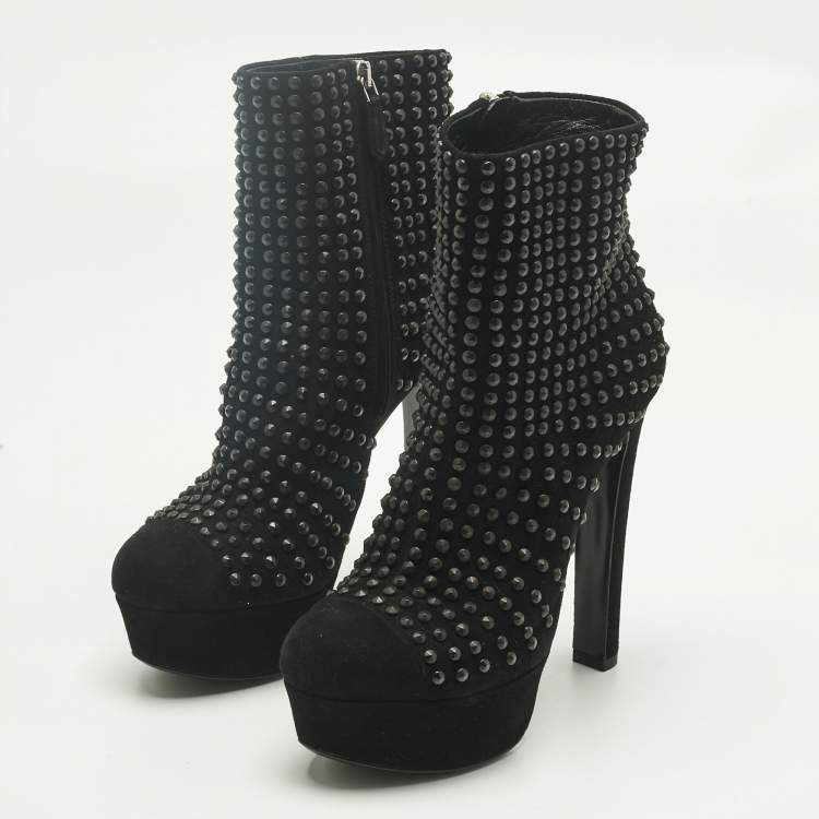 Pre Owned Prada Black Suede Stud Embellish Platform Ankle Length Boots Size 37