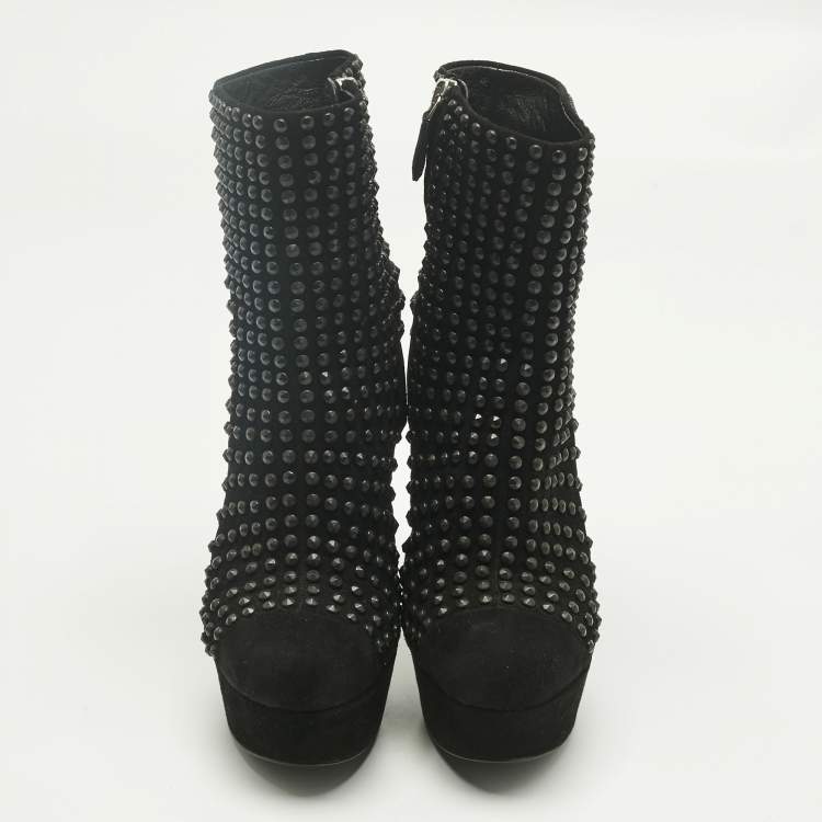 Pre Owned Prada Black Suede Stud Embellish Platform Ankle Length Boots Size 37