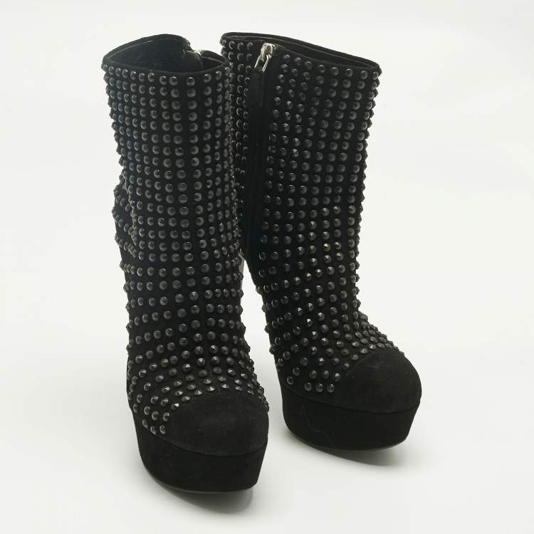 Pre Owned Prada Black Suede Stud Embellish Platform Ankle Length Boots Size 37